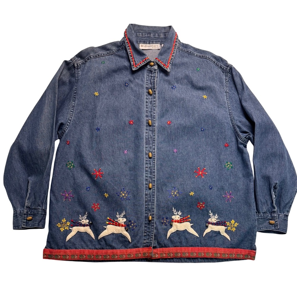 VTG Dressbarn Woman Denim Christmas Shirt Reindeer Snowflake Embroidered Plus 1X